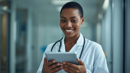 Smiling female doctor using tablet in hospital corridor, professional confident expression