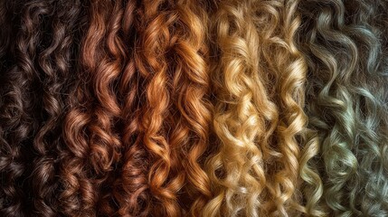 Different colors of curly hair arranged in a line showing the variety in texture and color from dark to light shades during daylight