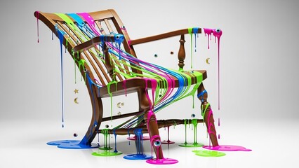 Wooden chair with colorful dripping paint and googly eyes