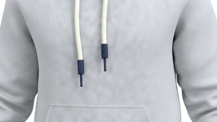 Close-up of a light grey hoodie with drawstrings