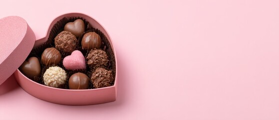 Delightful chocolate heart box display romantic setting food photography soft pink background close-up indulgence concept