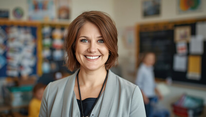 Smiling female teacher in classroom with students and colorful bulletin board in background