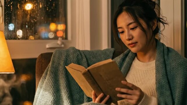 asian women. A cozy indoor scene with a young woman reading a book by a rain-drenched window, warmly illuminated by a lamp, enveloped in a soft blanket