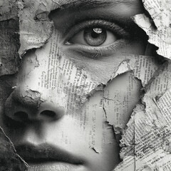 Surreal portrait of human face with vintage newspaper fragments, paper texture, monochrome aesthetic and mood close up
