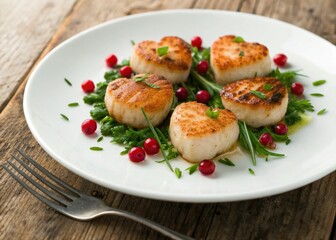 Heart shaped pan seared scallops served on a white plate with green herbs and red berries. A fork rests on a rustic wooden table next to the romantic seafood entree. Red hearts decor.
