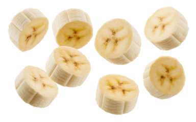 Delicious ripe yellow banana slices eight pieces floating in air healthy fruit snack raw tropical ingredient food item