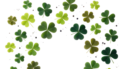 Happy st patricks day shamrock arrangement in shades of green forming an arch on a white background with varying opacity png with transparency