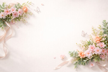 Elegant floral frame with soft pink flowers and ribbons on light background,Generative ai