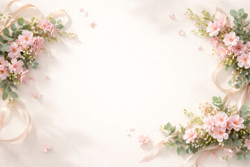 Elegant floral frame with soft pink flowers and ribbons on light background,Generative ai