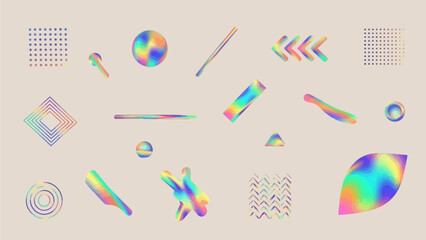 A collection of holographic shapes and graphics displayed on a neutral background from a straightforward viewpoint.