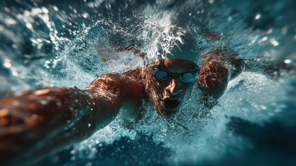 Swimmer performs a stroke in a pool during a competition in midday under bright lights and a clear view of the water's surface