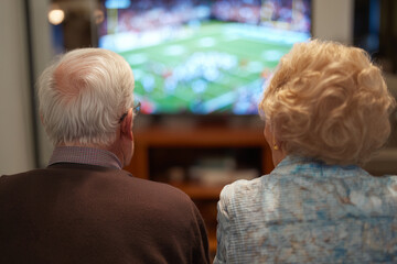 Fototapeta premium View from back of elderly people watching football game on TV in retirement home. Senior citizens on couch viewing sports championship, movie, or Superbowl