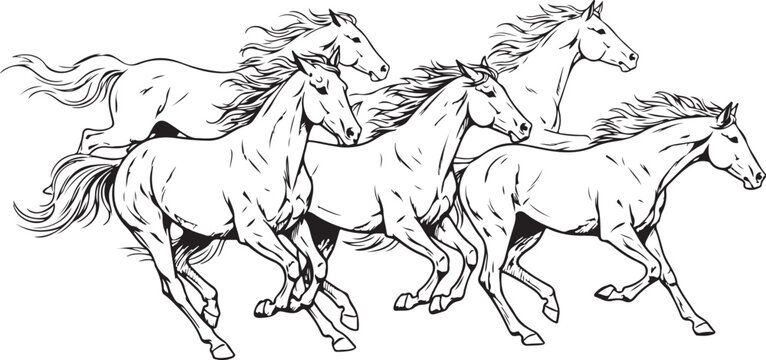 Four horses running together in a line illustration