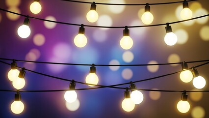 Warmly lit string lights against a colorful bokeh background