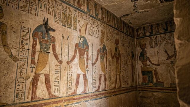 Ancient Egyptian Hieroglyphs Depicting Gods Anubis and Osiris in a Tomb with Painted Walls and Hieroglyphic Text in Natural Lighting