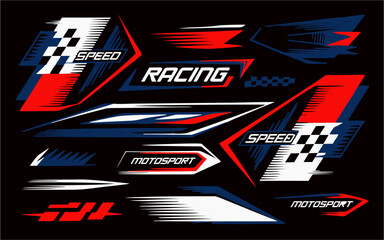Bold racing-themed vector decals with dynamic lines, checkered flags, and speed text. Stylized graphics for motorsport branding, vehicle stickers, and adrenaline design themes.