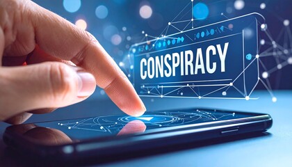 Smartphone video play with conspiracy overlay and stylized network 