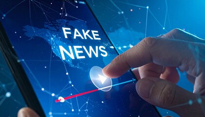 Smartphone play button under global network and fake news banner