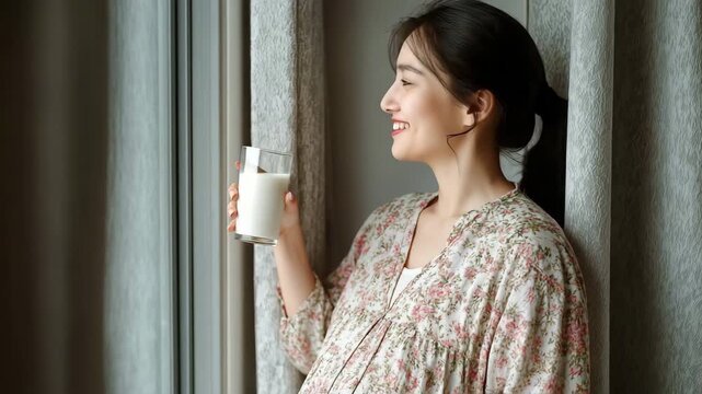 For prenatal wellness, an attractive Asian pregnant woman drinks a glass of milk.