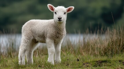 Obraz premium Small lamb stands in grass near water in a green landscape during daylight