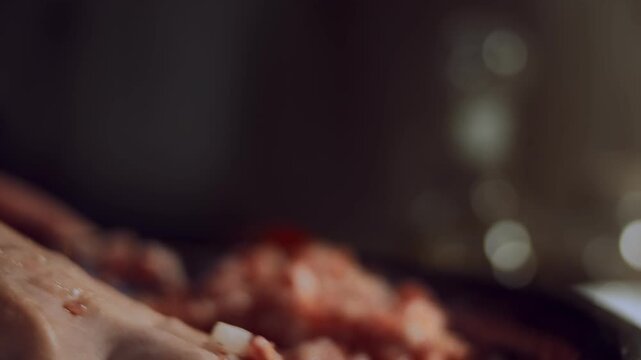 Mixing minced meat, egg and spices, close up