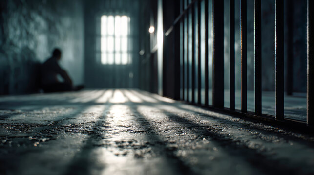 Prison cell shows iron bars and a prisoner sitting sideways on the floor. The scene has a gray and gloomy look with a blurred background - Powered by Adobe
