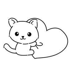 Fototapeta premium Cute cartoon cat hugging a big heart in simple black and white line art style. Perfect for coloring pages, Valentine’s Day themes, love, and affectionate designs.