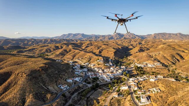 Large Hexacopter Drone Flies Over a Picturesque Spanish Village Nestled in a Dry Mountainous Landscape Under a Clear Blue Sky