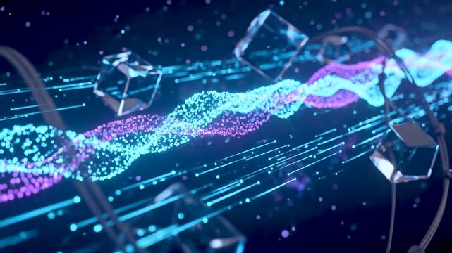 Abstract digital technology background, flowing blue and pink data particles, futuristic network visualization, cyber science fiction concept, glowing neon wave loop with glass cubes