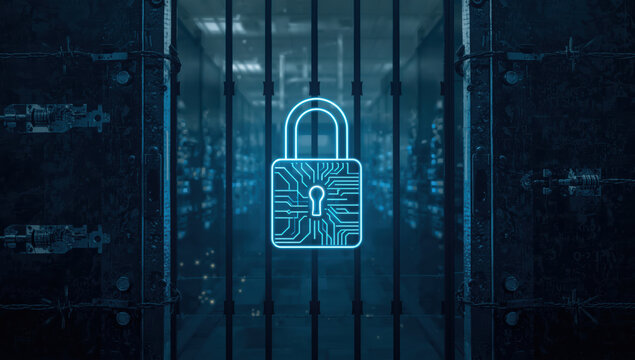 Digital padlock with circuitry glowing in front of secure server rack, cyber security concept