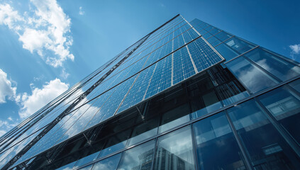 Sleek solar panel facade glass office tower reflecting sky and clouds, modern energy efficient