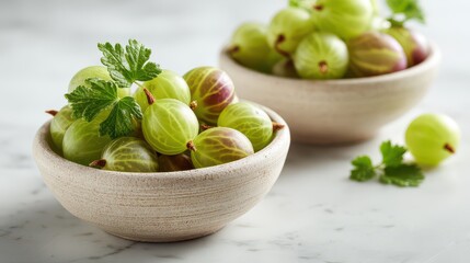Fresh green gooseberries in bowls on a kitchen countertop with light reflecting off the surface in a home setting