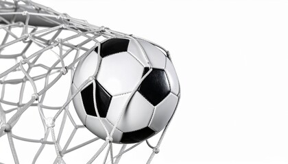 Naklejka premium In close view, the soccer ball bended the net as it soared into the goal. white backdrop