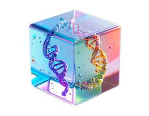 A neon double helix split inside a transparent, iridescent cube