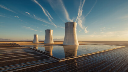 Obraz premium Solar thermal towers reflecting in mirror field under dramatic contrail sky, golden hour warmth