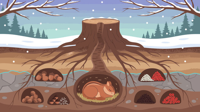 Winter Underground Cross-Section &mdash; Chipmunk, Fox, Rabbits, Owl and Kits Sheltering and Storing Food Beneath a Snow‑Covered Tree Stump