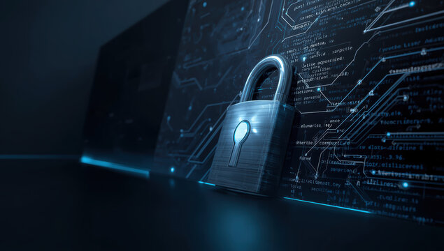 Cybersecurity padlock data encryption digital circuit secure protection