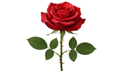 A single red rose with green leaves and thorns on transparent background