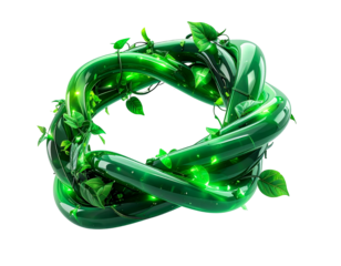 Green, glowing, intertwined loop with leaves and a transparent background