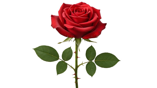 A single red rose with green leaves and thorns on transparent background