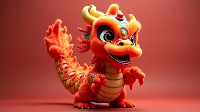 Cute fluffy lion dance dragon in vibrant orange and gold costume posing playfully with big eyes and open mouth, festive red background, concept of chinese new year, cultural festival