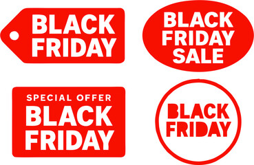  Red flame-shaped badge vector set with bold Black Friday sale text. Promotional icons for hot deals, urgency, and retail marketing during seasonal discount events.