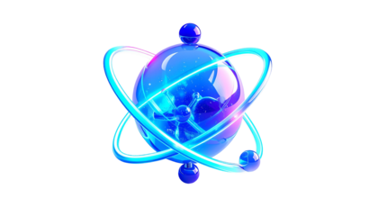 Glowing blue atom illustration with orbits, spheres, and stars