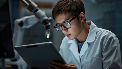 Young male scientist wearing glasses in laboratory focused on tablet