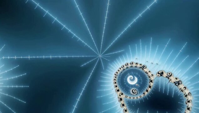 Intricate fractal pattern with spiral and radial lines on a blue background.