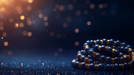 A glistening collection of blue pearls on a shimmering surface