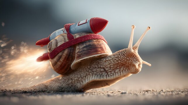 Zooming snail! A snail has a rocket strapped to its back. The rocket is blasting off, and the snail is moving quickly, propelled by the force. It's funny and unexpected.