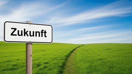 Zukunft Awaits Signpost on Green Path to a Bright Future with Blue Sky.