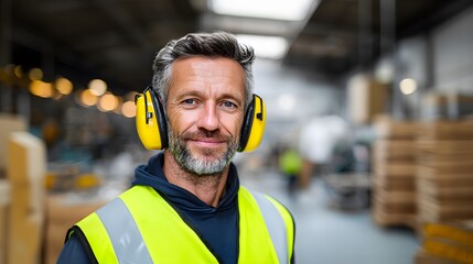 Portrait of a man wearing protective gear in a warehouse setting. He's smiling and looking at the camera, illuminated by overhead lighting. Safety-focused industrial scene.