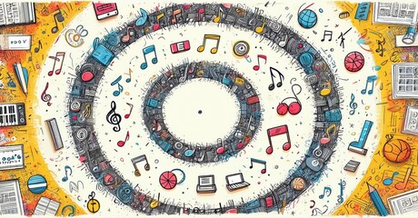Obraz premium Spiral design features musical notes, instruments, technology, sports equipment. Bright colors, detailed illustration, circular composition.
